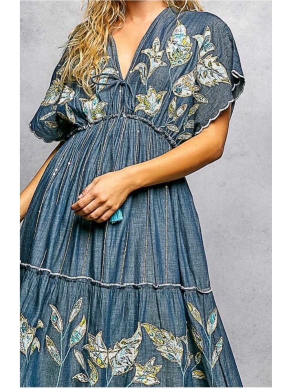 NEW Pol Free People Style Airy Denim Embroidered Patchwork Boho Dress M - Picture 5 of 6